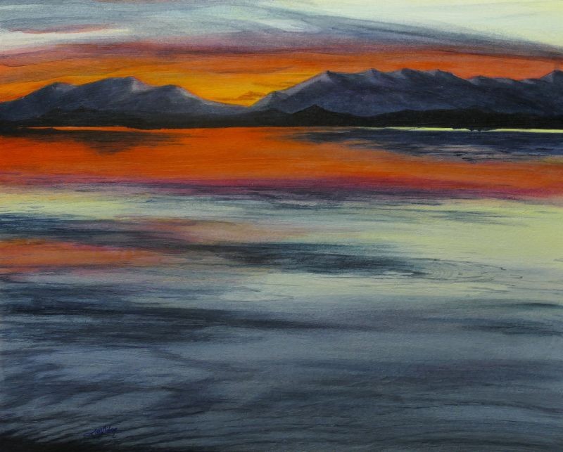 Browns Lake Montana Held Me Captive sunset painting by Lisa Gibson